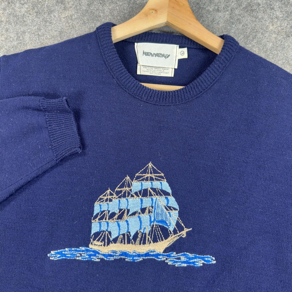 Kennedys Sweater Mens Large Blue Embroidered‎ Sailboat Acrylic Nautical Ocean